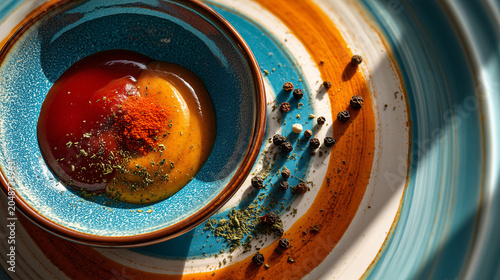 Artistic colorful bowl with raw egg, spices, and herbs, abstract background
