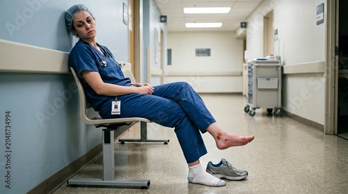 Tired Nurse Resting in Hospital Hallway After Long Shift.