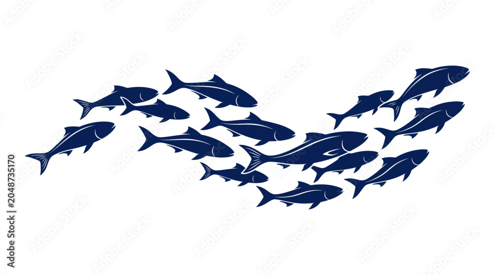 Fototapeta premium School of blue fish swimming in wave formation on white background