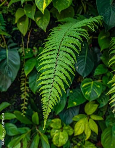 Close up of vibrant green fern leaves in forest.