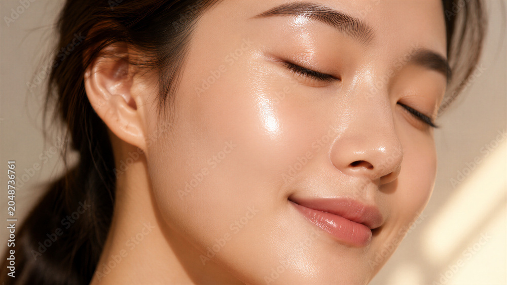 Obraz premium Asian woman with glowing skin smiling with closed eyes in studio