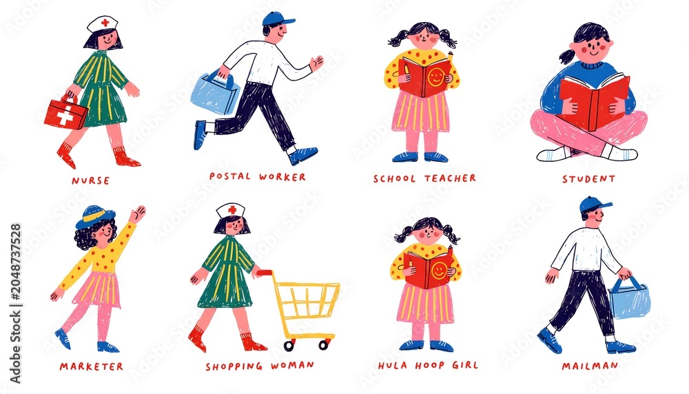 Fototapeta premium Hand drawn vector illustration set of people of various occupations and daily life activities isolated on white background