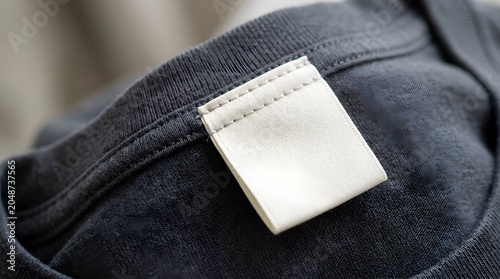 Blank White Fabric Clothing Label on Dark T Shirt Collar