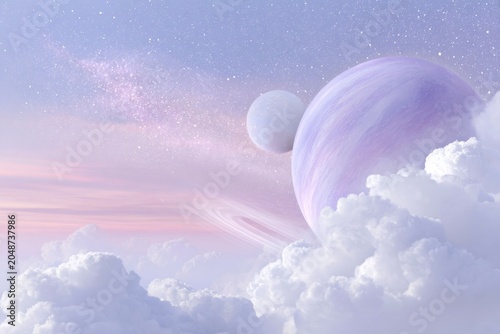 pink and blue sky with clouds, planets in the background, dreamy pastel color palette, aesthetic, sparklecore, starry galaxy background.