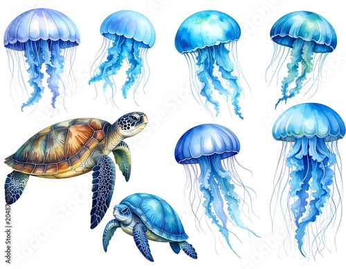 Colorful abstract art of blue brain and fish illustrations.