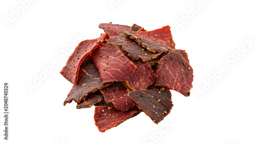 Photos Pieces of dehydrated cured beef jerky meat snacks isolated on transparent backgr