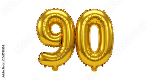 Golden balloons display the number ninety in celebration