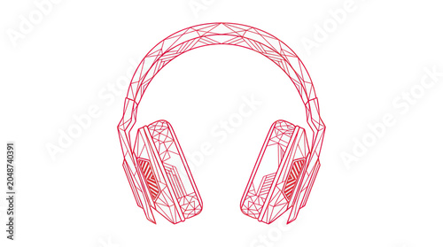 Red Wireframe Headphones on White Background - Digital Art