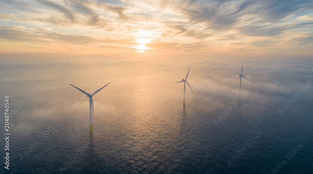 Naklejka premium Offshore wind turbines standing in a calm open sea at sunrise with mist and dramatic clouds, renewable energy with copy space