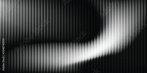Foto Abstract black and white background featuring a fluid glowing wave overlay across a vertical geometric bar pattern texture