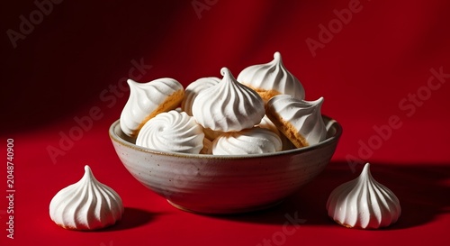 A rustic ceramic bowl filled with sweet airy white meringue cookies arranged on a vibrant solid red background for a festive dessert presentation