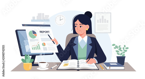 Canvas Print A professional woman sits at her office desk, meticulously reviewing data reports and taking notes to ensure business success and efficiency