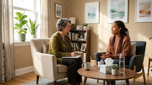 Professional senior therapist listening to young woman with braids in cozy counseling office setting with natural light.