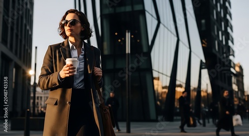 Confident Businesswoman Wearing Sunglasses Holding Coffee Cup on City Street