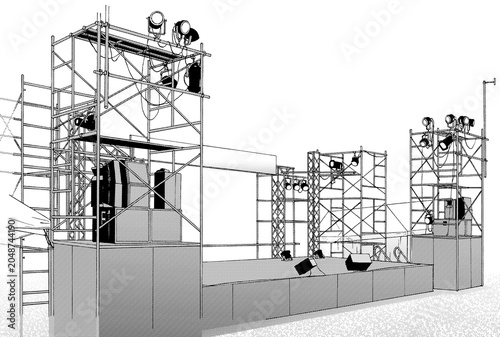 漫画風ペン画イラスト　アミューズメント施設_ステージ