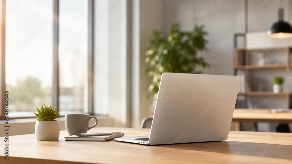 Fototapeta premium Empty coworking space with single laptop on wooden desk, sunlight streaming in, modern interior, calm and productive atmosphere