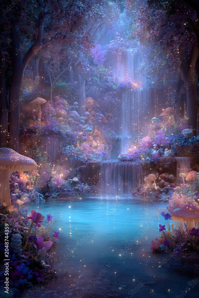 Obraz premium Fantasy wallpaper. A vivid, fantastical depiction of a magical forest scene. The main subject is a cascading waterfall surrounded by lush greenery and illuminated by soft, ethereal light.