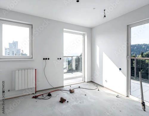 Modern minimalist living room with city view windows.