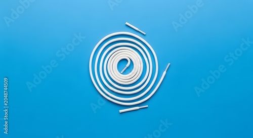 White spiral shoelace coiled on blue background for minimalist style and footwear fashion