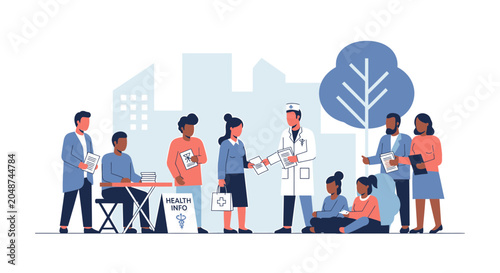Community health fair with doctor, patients, and information booth in urban setting
