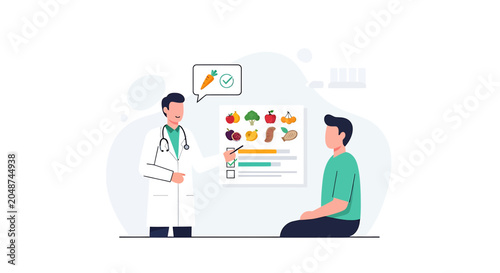Doctor advises patient on healthy diet with fruits and vegetables chart