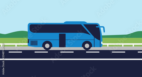A blue bus drives on a road with a green landscape and sky