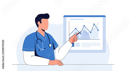 Doctor analyzing medical data chart on screen, healthcare analytics concept