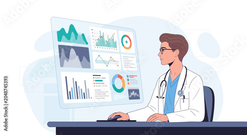 Doctor analyzing medical data on futuristic holographic screen, healthcare technology concept