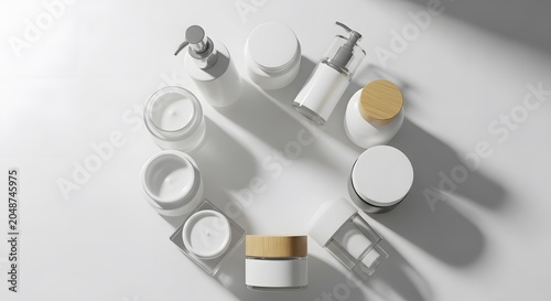 Corporate cosmetic skin care white bottle arrangement layout mockup