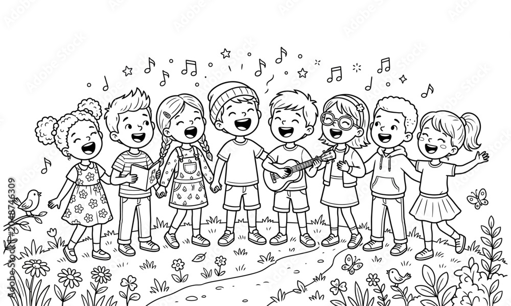 Fototapeta premium Diverse group of happy children singing and playing music together outdoors surrounded by nature and butterflies line art vector design
