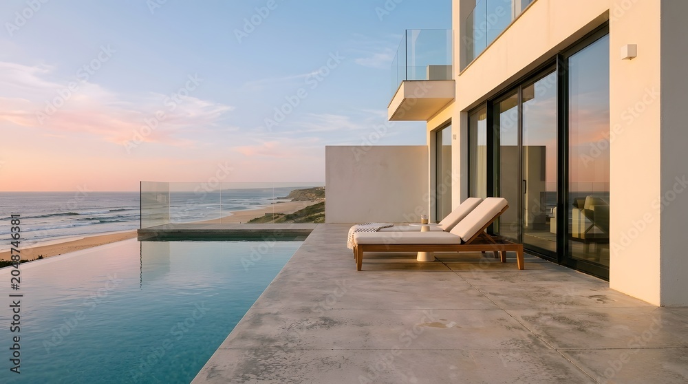 Fototapeta premium Luxury Villa Infinity Pool Overlooking Beach at Sunset