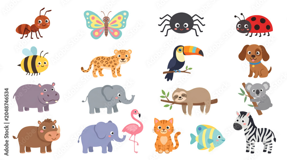 Obraz premium Cute Zoo Pet and Wild Animal Collection with Cartoon Insects Birds Mammals and Fish Flat Vector Set
