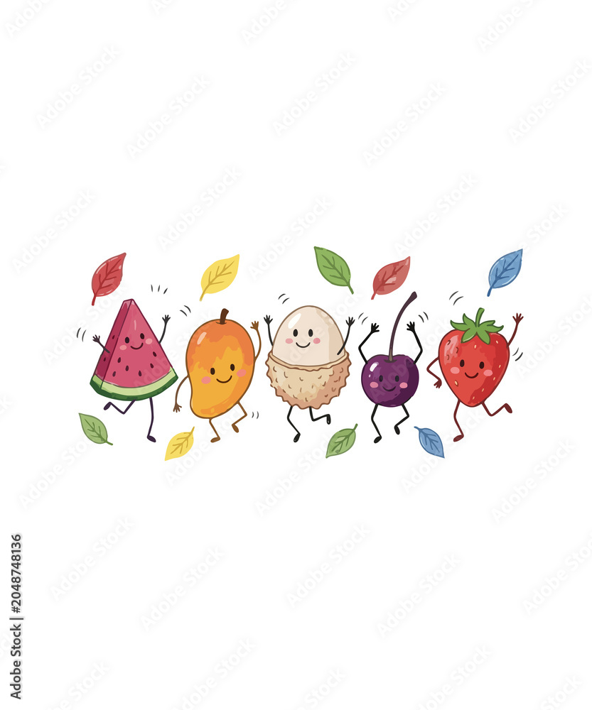 Fototapeta premium Kawaii fruit characters dancing, cute cartoon watermelon mango lychee cherry and strawberry illustration, happy summer food mascots with colorful leaves