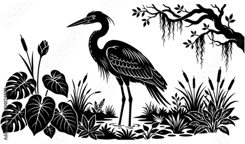Foto Topical heron standing in the wetlands marsh with wild plants and hanging moss v