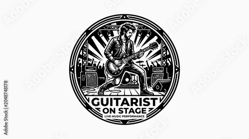 Photos Musician playing guitar on stage performance.