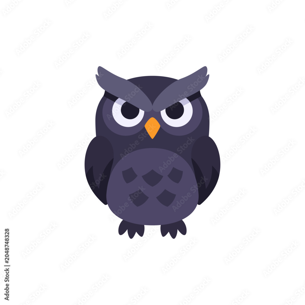 Fototapeta premium Dark Halloween owl with large eyes, small beak, feathered body, and perched pose, spooky night bird icon for haunted forest theme and seasonal decoration, colorful illustration