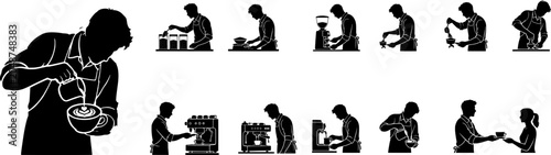 Foto A series of silhouettes depicting a man engaging in various coffee-related actions and activities in a minimalist style