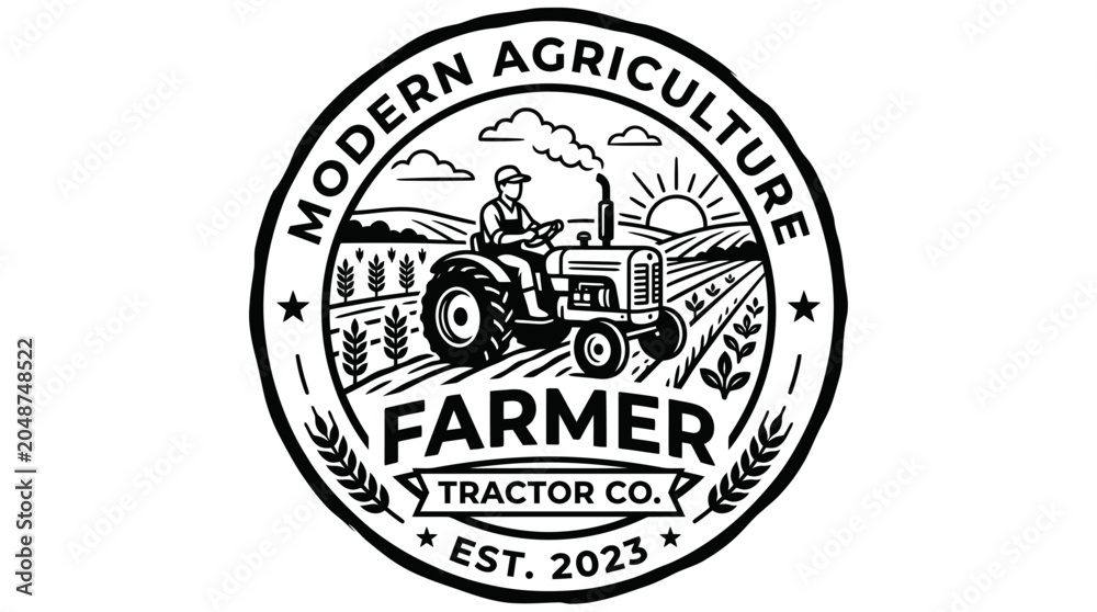 Fototapeta premium Tractor logo with farmer and text.