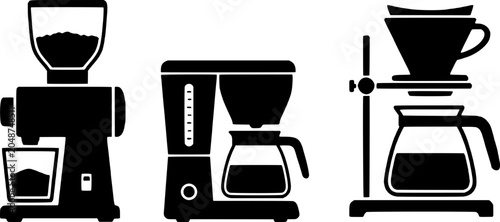 Photos Black and white illustrations of different coffee makers, including drip, pour over, and single serve brewers, on a white background