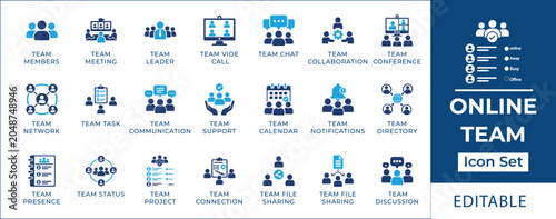 Fotografie Corporate teamwork icon set featuring team collaboration, office culture, employee brain storming, group leadership, shared vision, and workplace partnership symbols