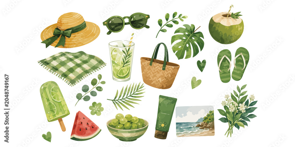 Obraz premium Watercolor tropical summer beach vacation green elements set
