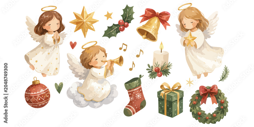 Fototapeta premium Watercolor cute christmas angel and holiday decoration elements