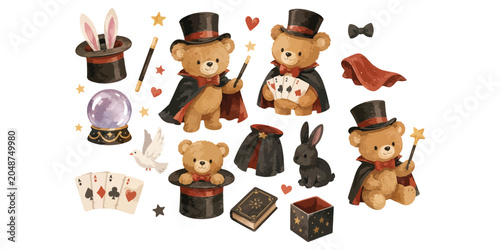 Bild auf Leinwand Watercolor cute teddy bear magician magic show elements