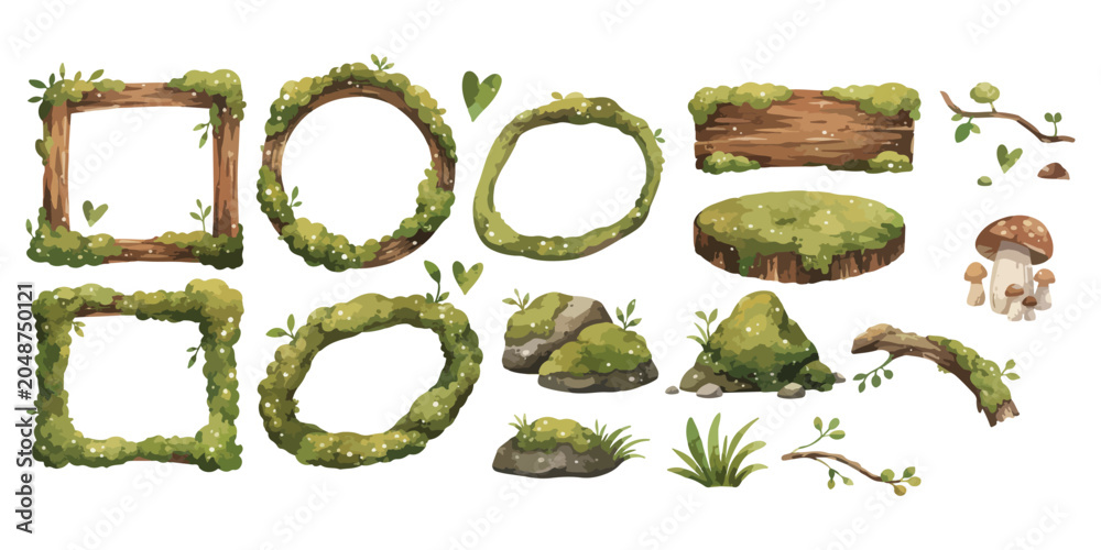 Naklejka premium Watercolor forest mossy wood frame and rock elements