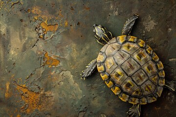 Close up of a turtle resting on a textured surface, showcasing the intricate details of its shell
