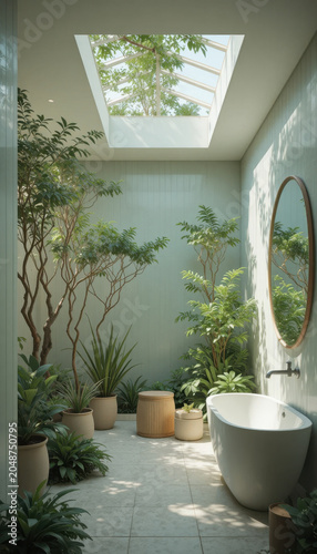 Serene bathroom featuring freestanding bathtub surrounded by lush greenery and potted plants. Natural light filters through skylight, creating tranquil atmosphere. walls are adorned with soft