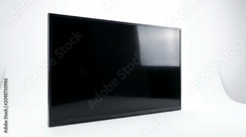 Modern large black television screen viewed from a side angle isolated against a clean bright white studio background wall setup
