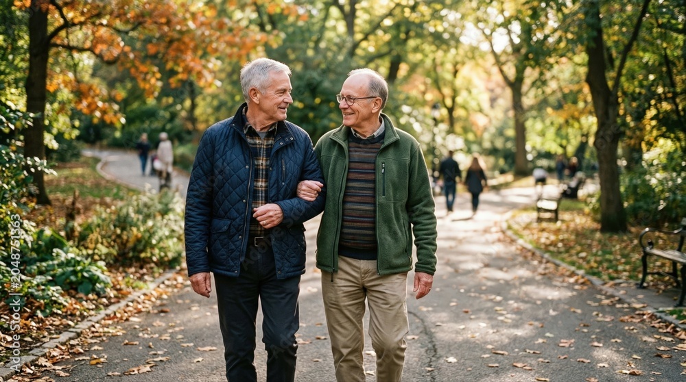 Obraz premium Senior same sex couple of men walking slowly in a park and holding each other. Outdoor lifestyle and calm mood. Concept of active aging and inclusion.