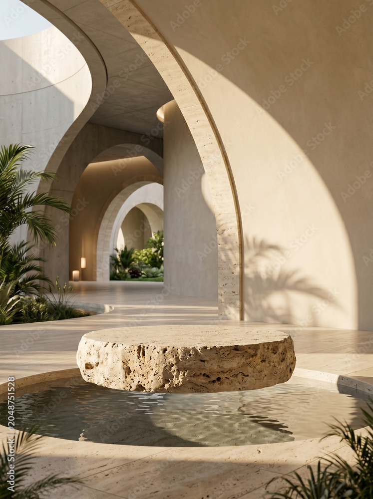 Fototapeta premium Modern architecture with a stone podium and water feature