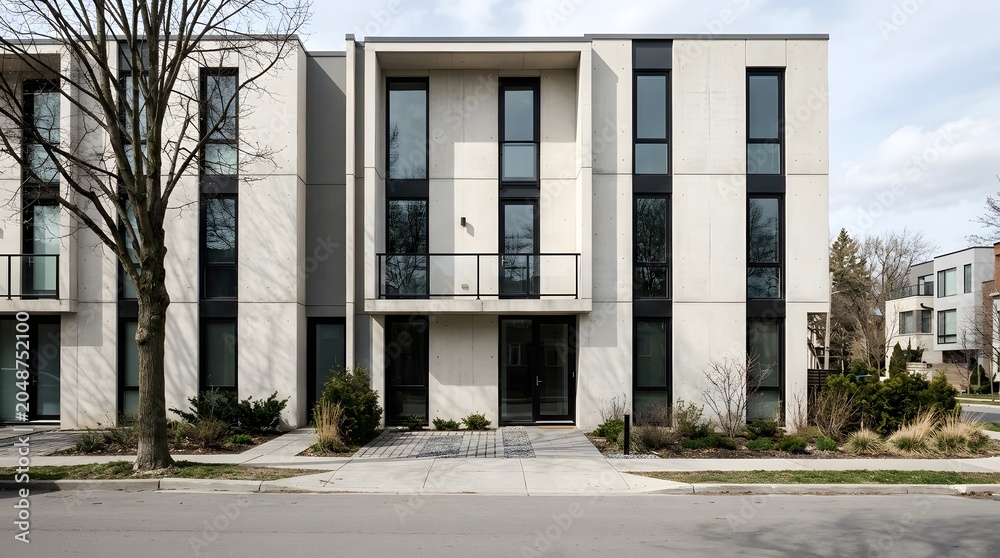Obraz premium Modern Concrete Townhouse Architecture with Large Windows